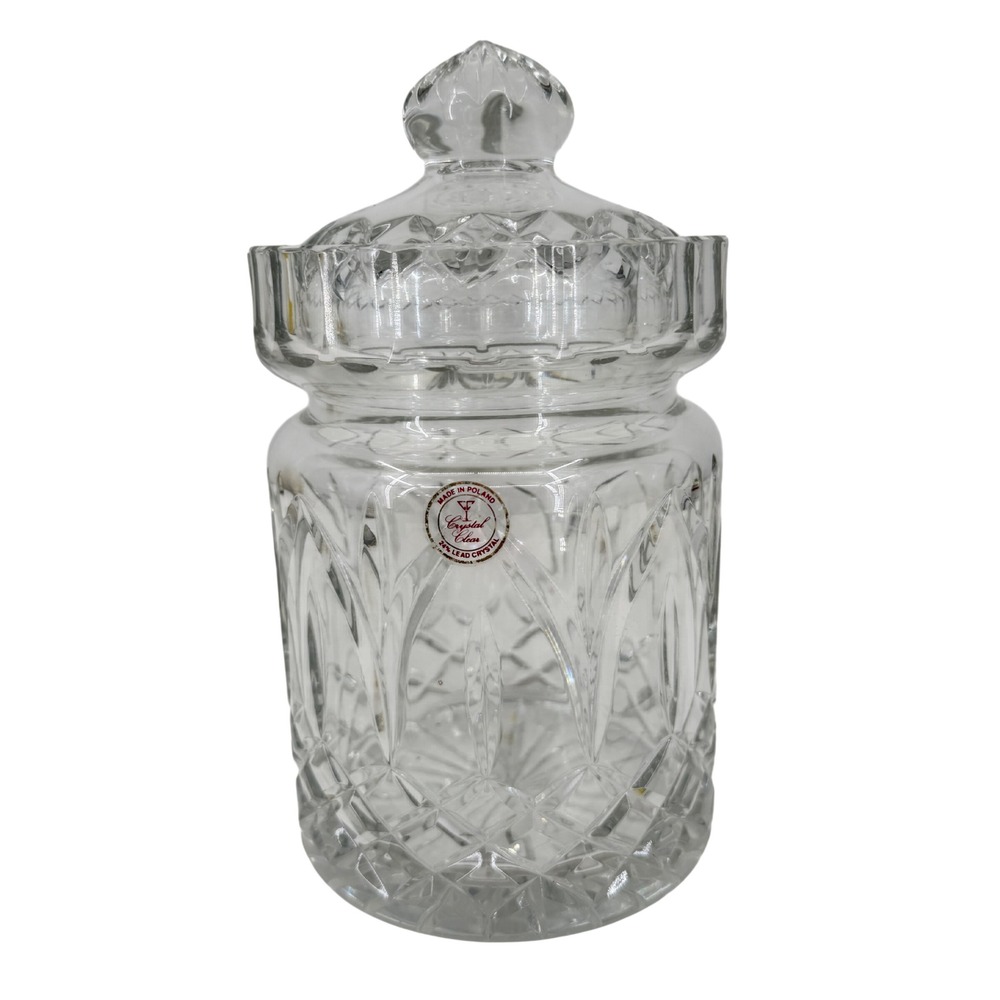 Crystal Clear Lidded Jar 24% Lead Poland Biscuit Barrel Candy Vanity 8 Inch